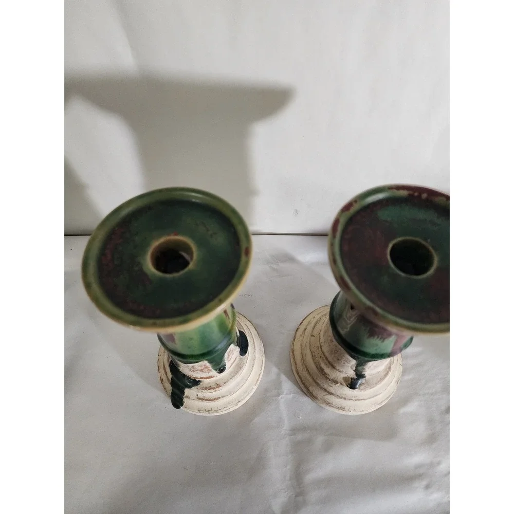 Vintage Artisan Ceramic Drip Glaze Candlestick Holders Pair Green Burgundy Cream